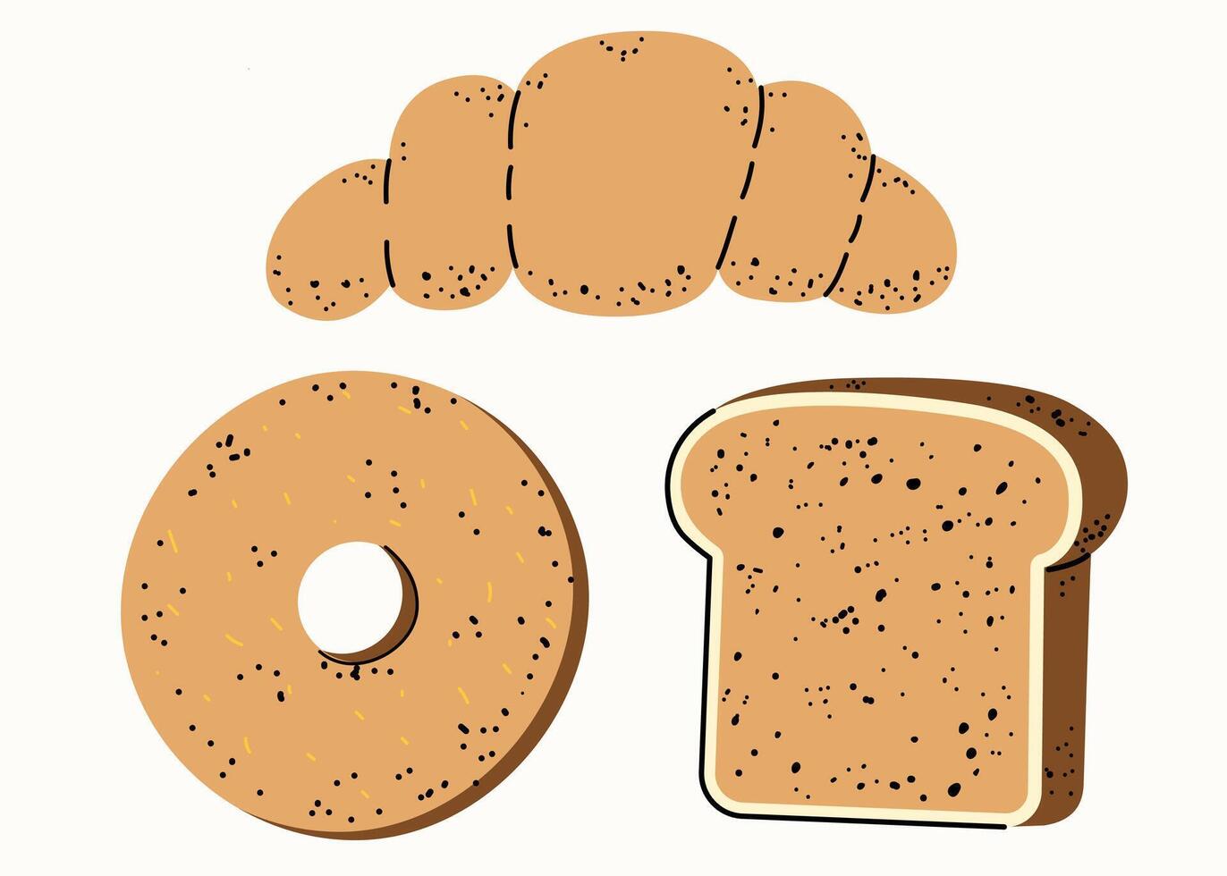 salutare prima colazione. brioche, ciambella e pane abbrustolito, pane. impostato di vettore piatto illustrazioni nel mano disegnato stile. delizioso piatti. cartone animato cibo icone. isolato su un' bianca sfondo.