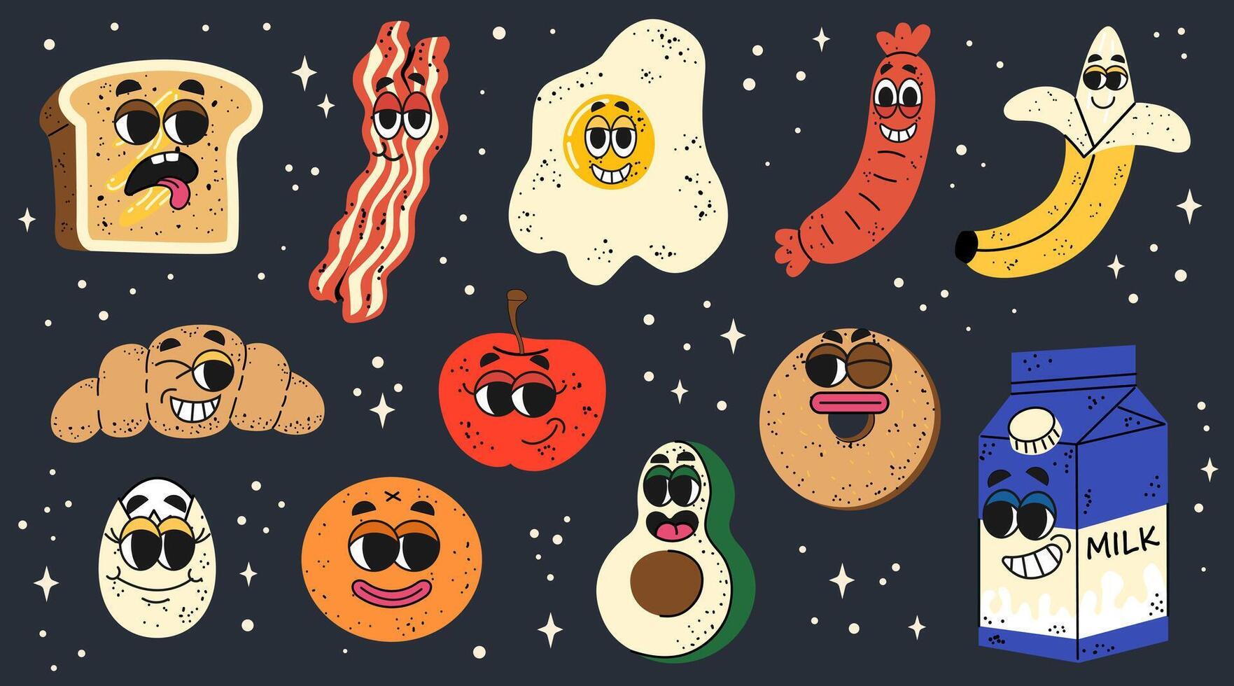 collezione di di moda etichetta con cartone animato cibo personaggi. impostato di retrò Groovy elemento prima colazione. brioche, pane abbrustolito, pane, Bacon, uova, salsiccia, frutta, latte. cartone animato personaggi, scarabocchio Sorridi viso. vettore