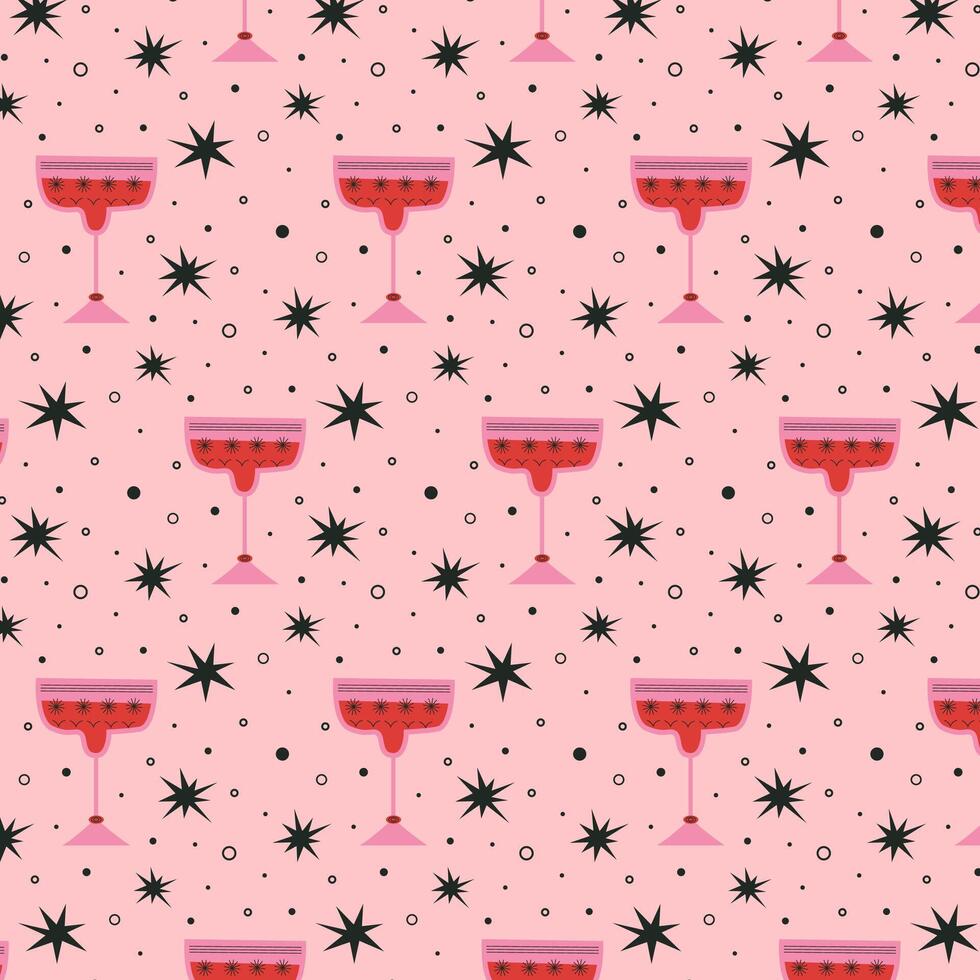 modello con alcolizzato cocktail nel bicchieri di diverso forme nel rosso e rosa colori. bevande nel diverso tipi di Vintage ▾ occhiali. moderno design per saluto carte, manifesti, avvolgere, imballare carta. vettore
