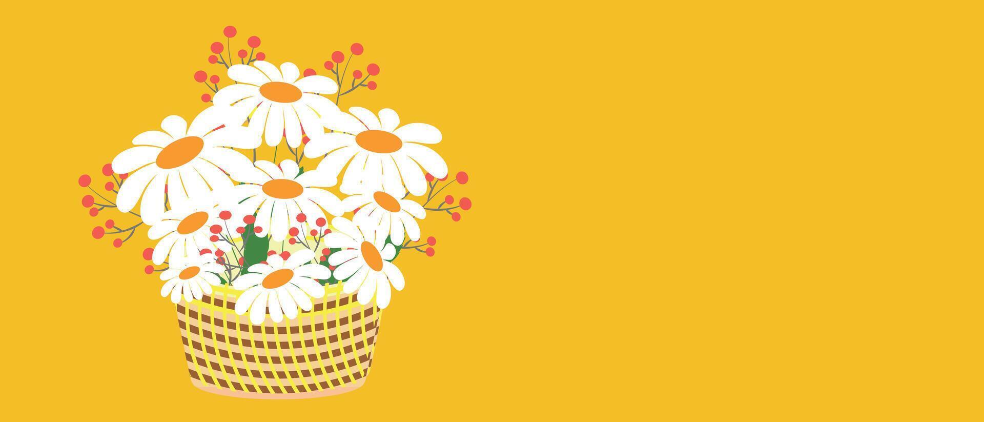 un' mazzo di fresco camomilla nel un' di vimini cestino su un' luminosa giallo primavera sfondo. primavera estate fiore inviare design. vettore