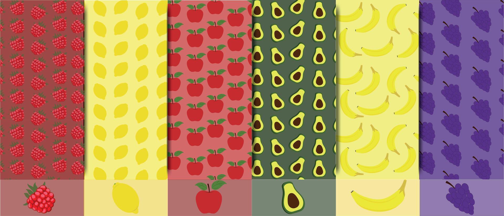 impostato di luminosa colorato frutta sfondi con moderno minimo etichette. estate luminosa modelli con frutta. lampone, Limone, mela, Banana, uva, avocado siamo raffigurato vettore