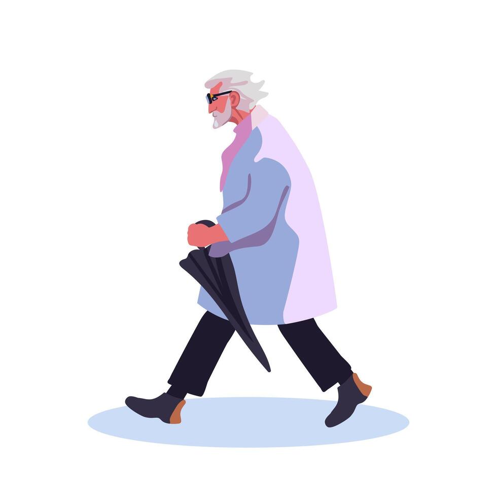 un vecchio uomo nel un' impermeabile con un' nero piegato ombrello. grigio dai capelli nonno su un' camminare. mano graw isolato cartone animato. vettore illustrazione