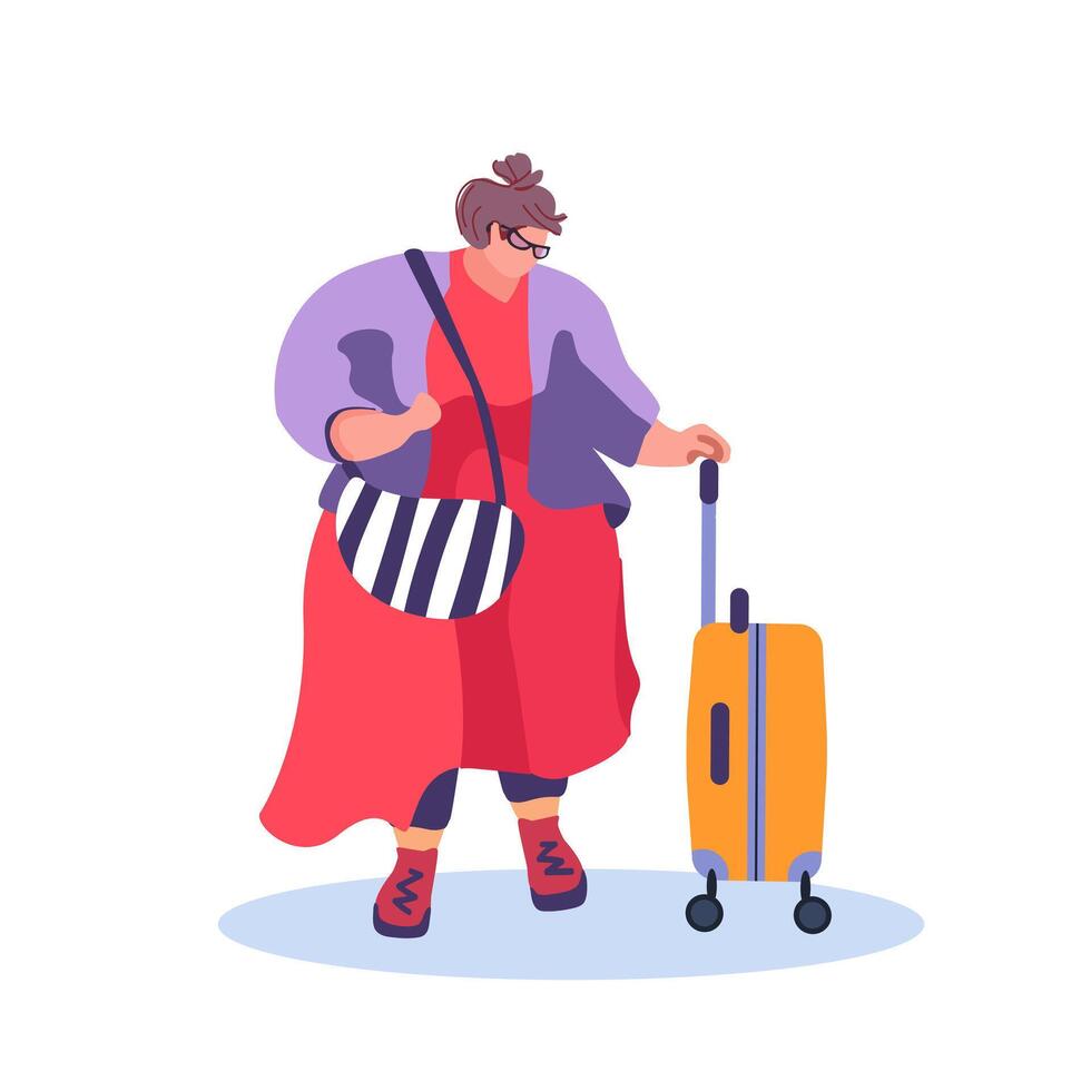 grande donna con un' valigia su ruote. cartone animato personaggio ragazza nel un' rosso vestito e occhiali. moda per sovrappeso donne. vettore illustrazione