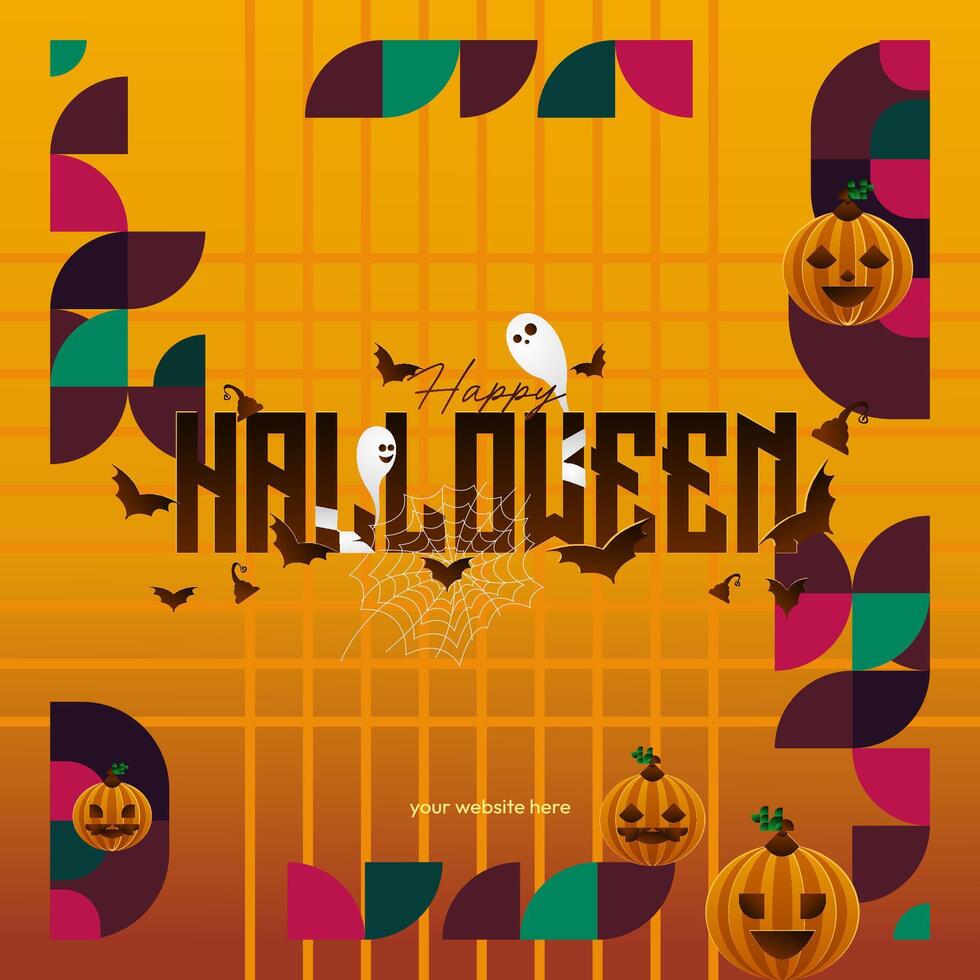 contento Halloween sfondo nel geometrico stile. contento Halloween copertina con zucche, ragno ragnatele e tipografia. adatto per manifesti, saluto carte e festa inviti per Halloween celebrazioni vettore