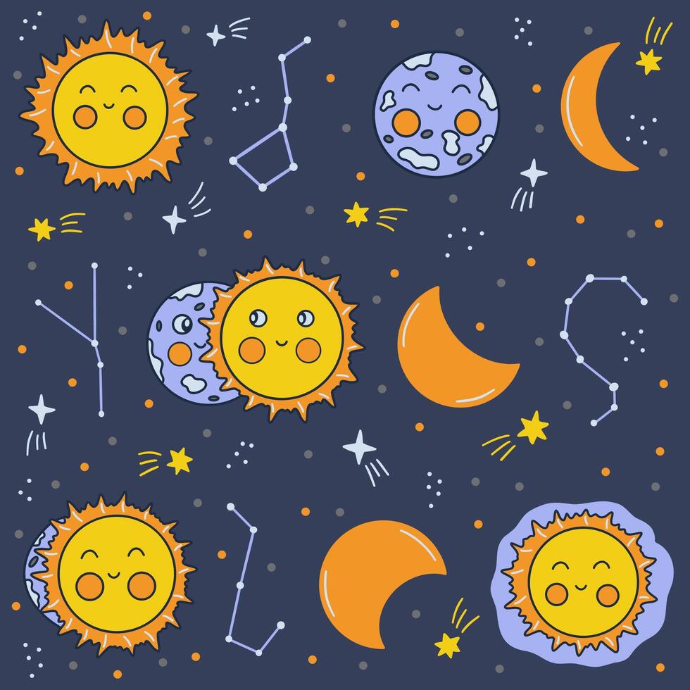 lunare eclisse fasi. stelle e costellazioni. mano disegnato vettore
