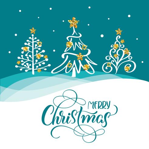 Disegnata a mano calligrafia lettering testo Buon Natale su una cartolina con tre alberi di Natale e stelle dorate vettore
