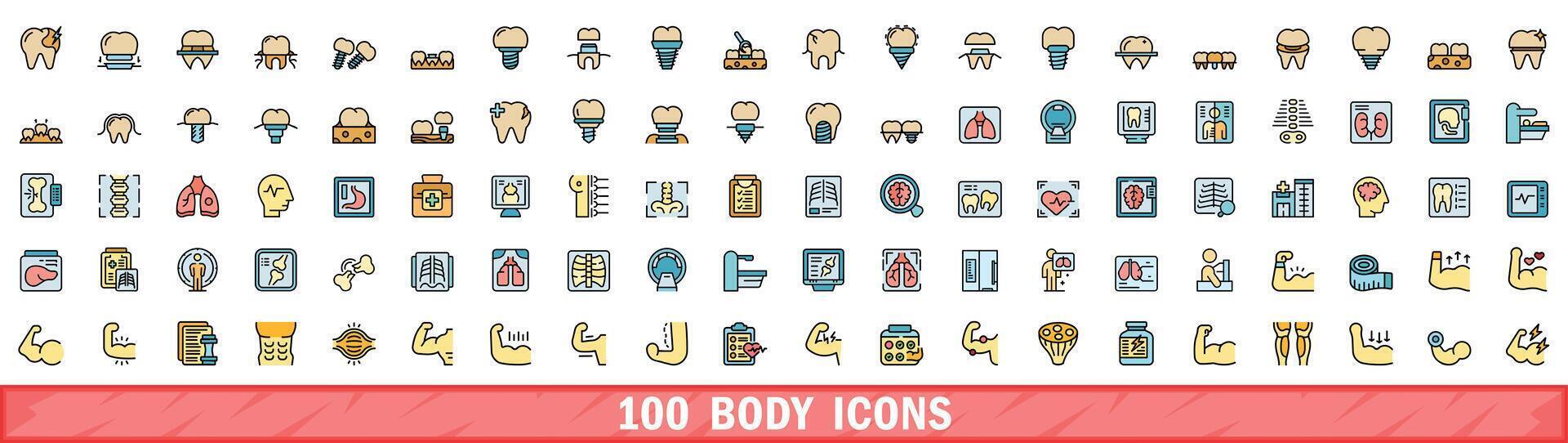 100 corpo icone impostare, colore linea stile vettore