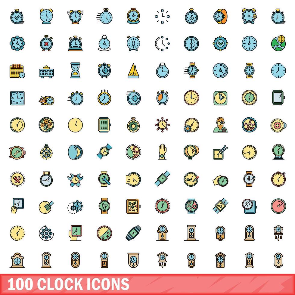 100 orologio icone impostare, colore linea stile vettore