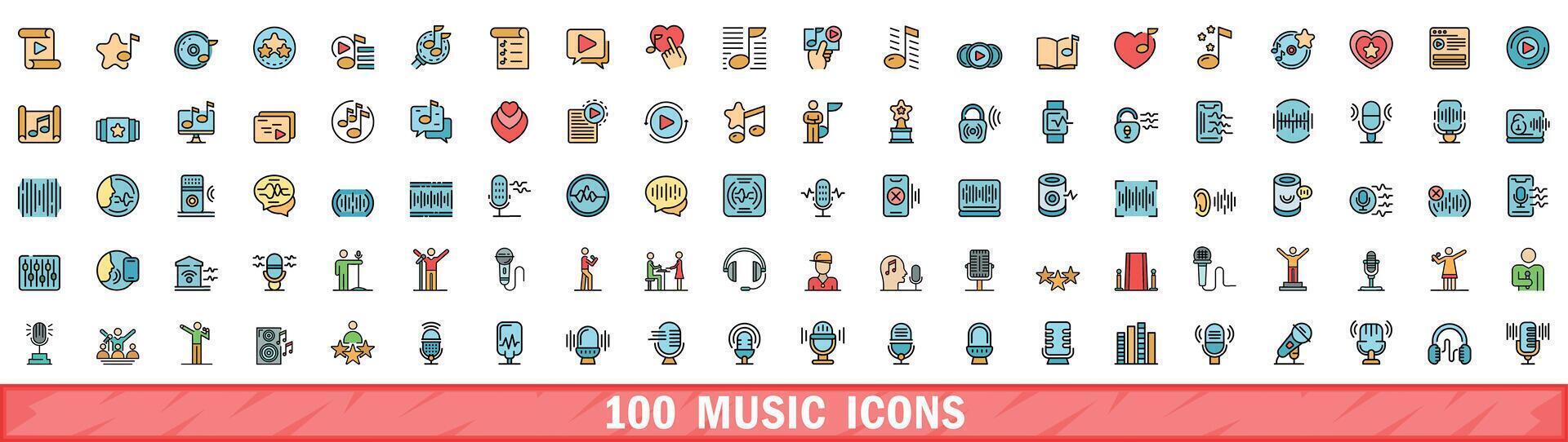 100 musica icone impostare, colore linea stile vettore