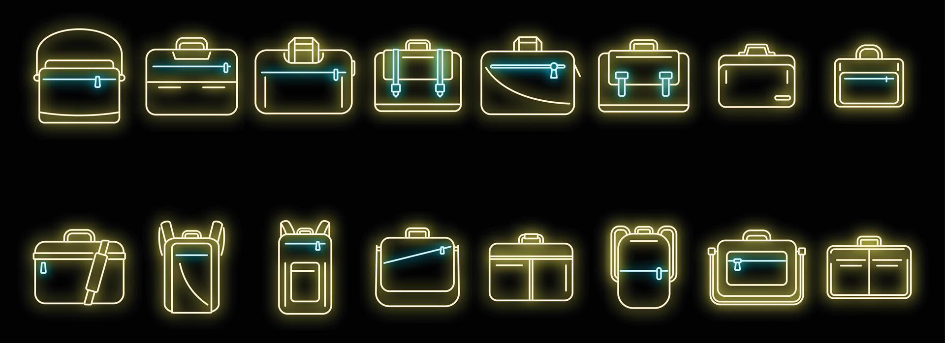 le icone della borsa del laptop impostano il neon di vettore