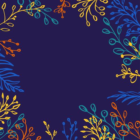 Struttura quadrata di vettore del preparato a base di erbe. Piante, rami, foglie, succulente e fiori dipinti a mano su fondo blu scuro. Design di carte naturali
