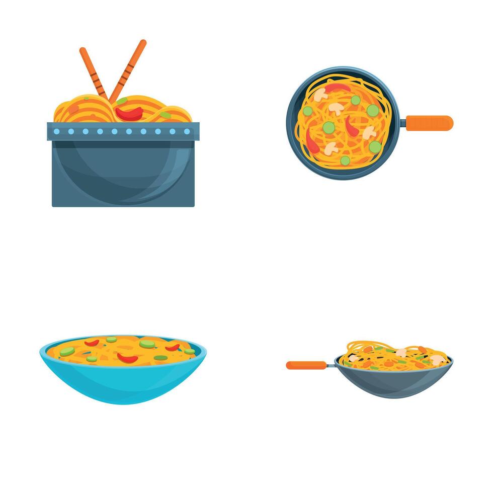 spaghetto icone impostato cartone animato vettore. asiatico spaghetto nel frittura padella e ciotola vettore