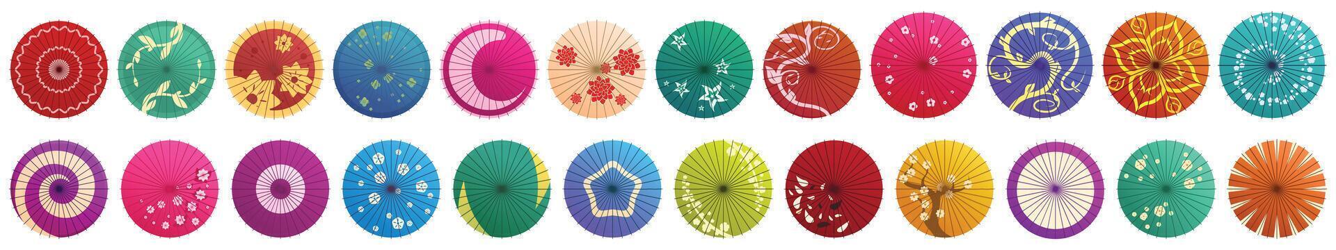 giapponese ombrello icone impostato cartone animato vettore. asiatico carta parasole vettore