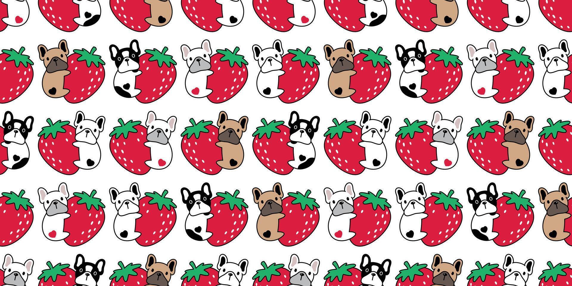 cane senza soluzione di continuità modello francese bulldog cucciolo fragola cuore frutta animale domestico razza vettore ripetere sfondo sciarpa isolato piastrella sfondo cartone animato animale scarabocchio illustrazione design