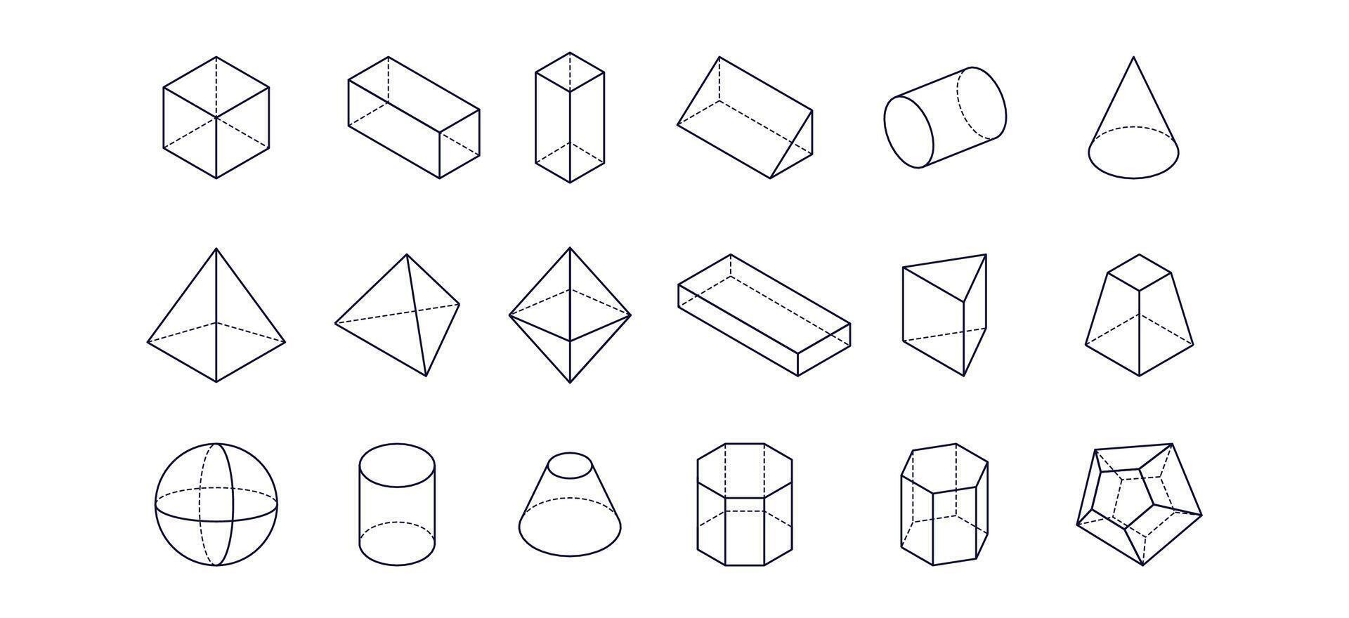 impostato di vettore linea icone di geometrico forme. cubo, sfera, cono, cilindro, piramide e altro 3d geometrico figure. schema segni