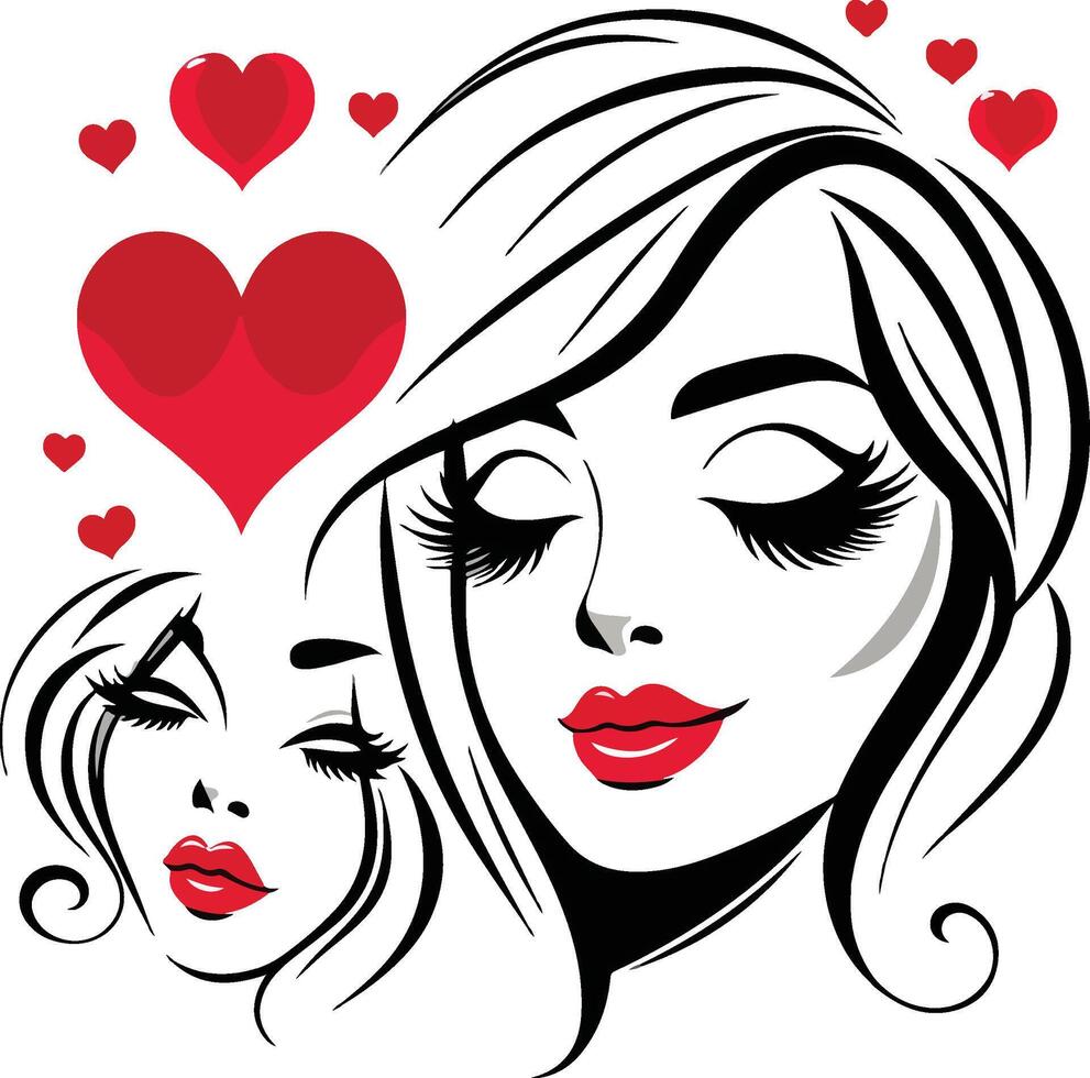 bellissimo rosso labbra Due ragazze con volante capelli e amore per Da donna giorno o San Valentino giorno regalo vettore
