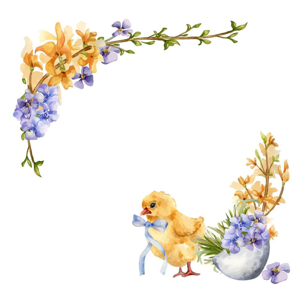 Pasqua telaio con pulcino e fiori mano disegnato. giallo fiorire rami acquerello illustrazione. blu fiori nel uovo conchiglia isolato su bianca. mano dipinto primavera fiori per Pasqua design vettore