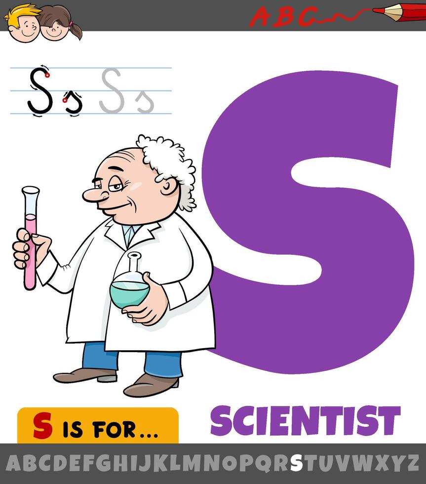 lettera S foglio di lavoro con cartone animato scienziato personaggio vettore
