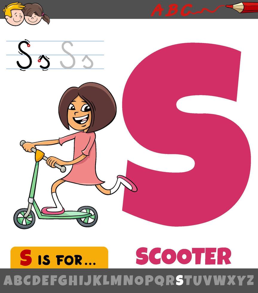 lettera S foglio di lavoro con cartone animato scooter oggetto vettore