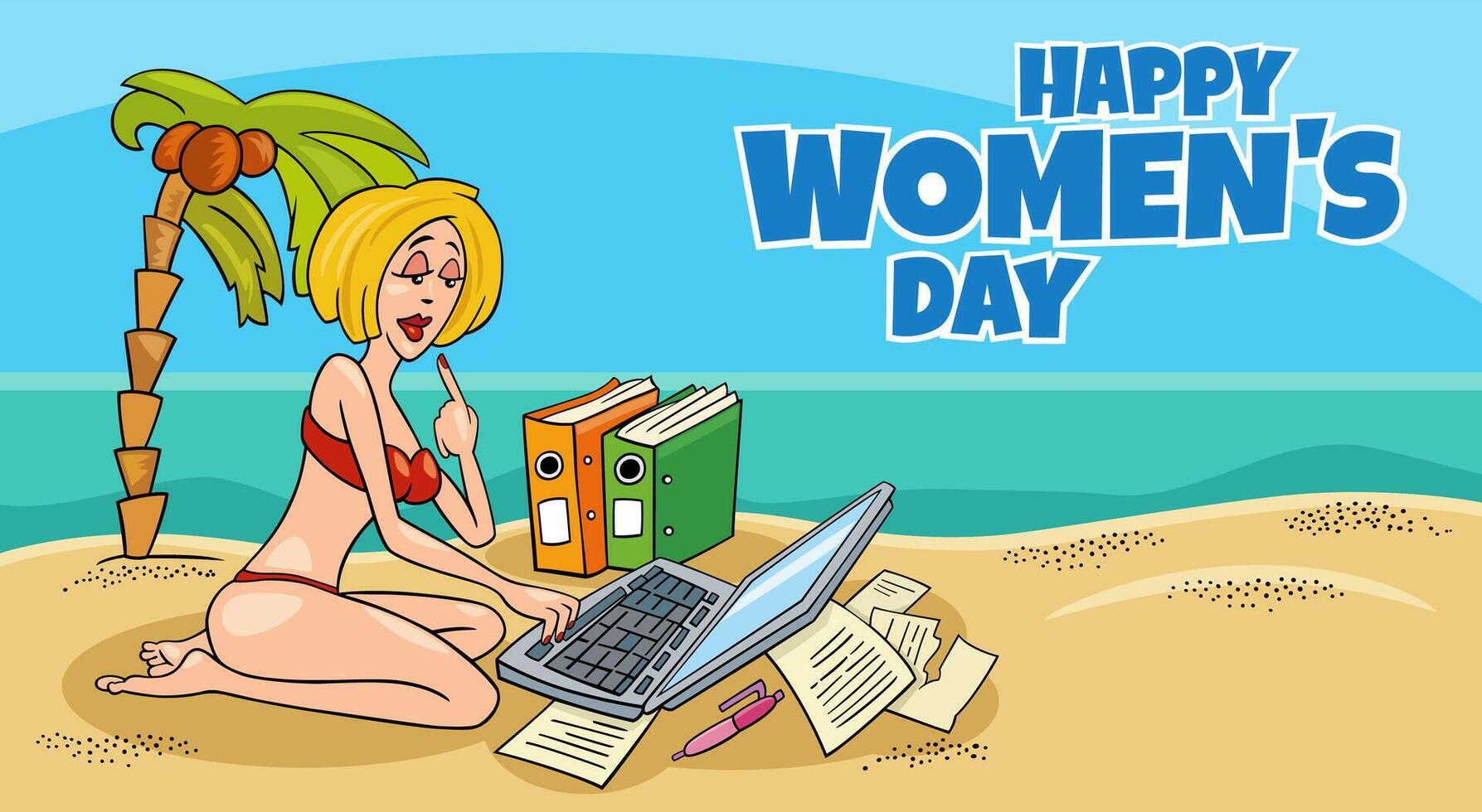 Da donna giorno design con cartone animato donna d'affari su il spiaggia vettore