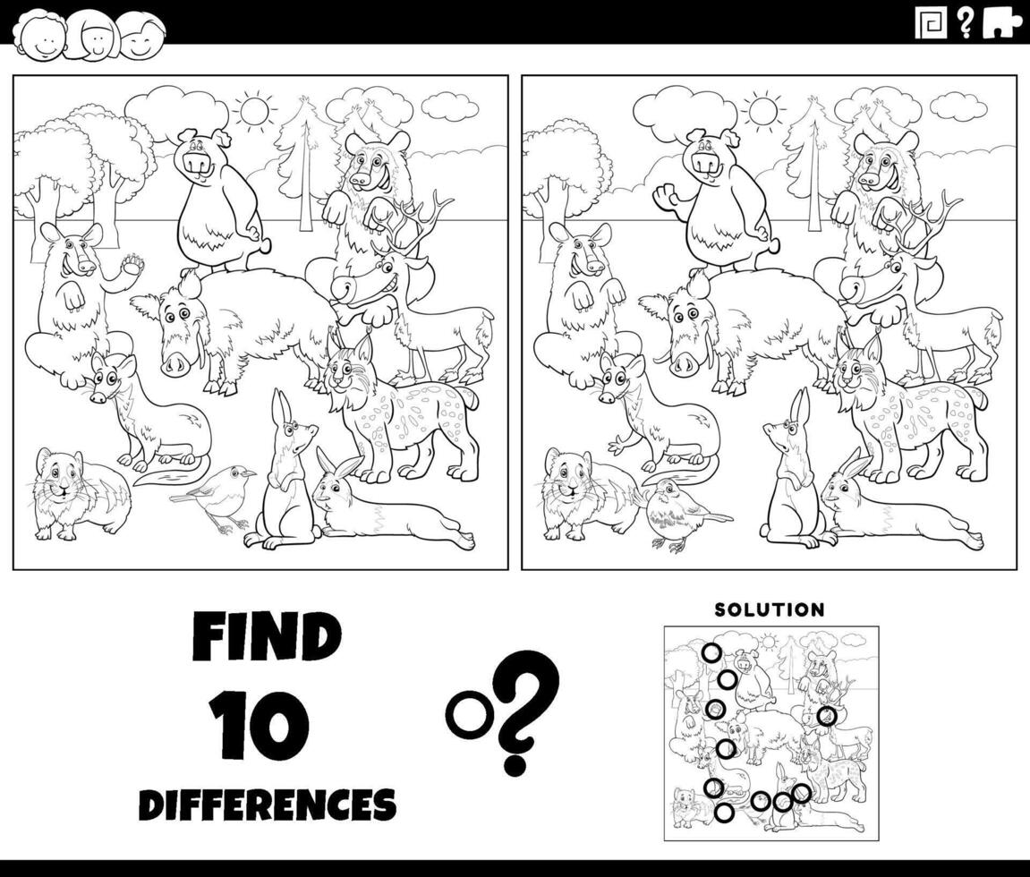 differenze attività con cartone animato selvaggio animali gruppo colorazione pagina vettore