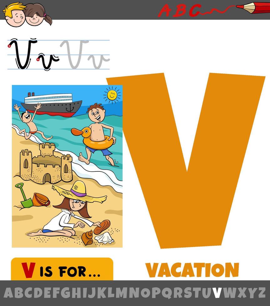 lettera v a partire dal alfabeto con cartone animato illustrazione di vacanza frase vettore