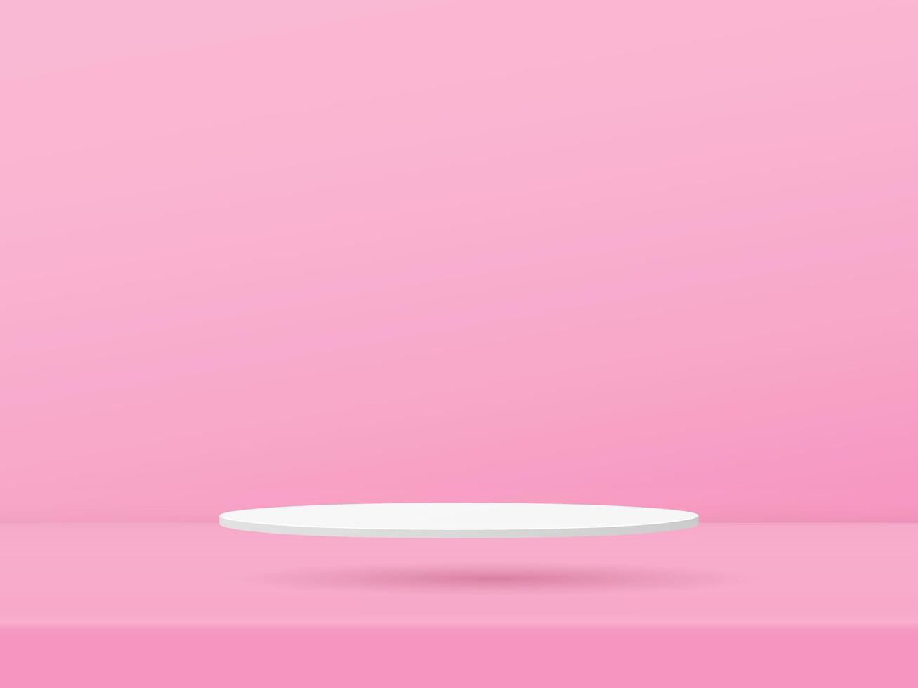 3d bianca podio vetrina è galleggiante su il pavimento colorato rosa sfondo design. vettore carta arte illustrazione
