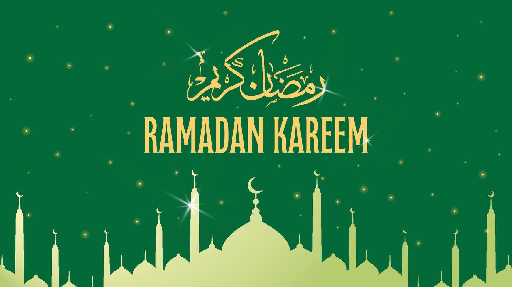 Ramadan kareem Arabo calligrafia saluto disegno, islamico stile moschea cupola con stelle e verde sfondo, bellissimo striscione, aviatore o sociale media inviare vettore