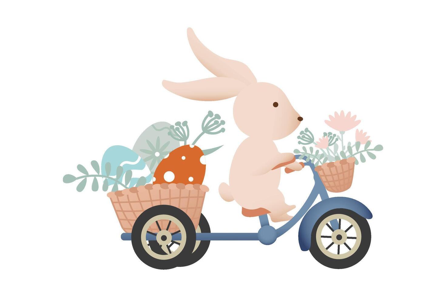 Pasqua coniglietto su un' bicicletta. cestino con Pasqua uova. illustrazione nel retrò stile. mano disegnato vettore