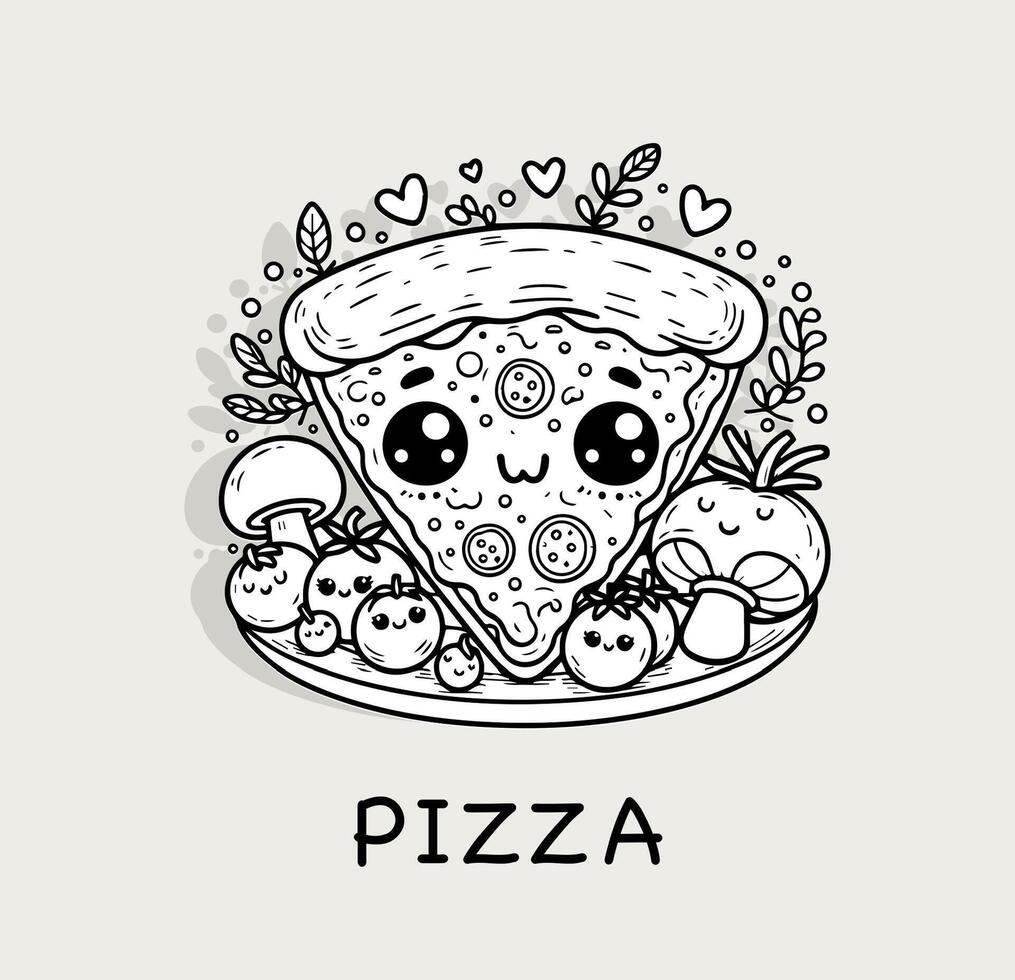 kawaii Pizza personaggio con condimenti, erbe aromatiche, amore cuori per menu, bambini colorazione libri, cibo blog. vettore illustrazione.