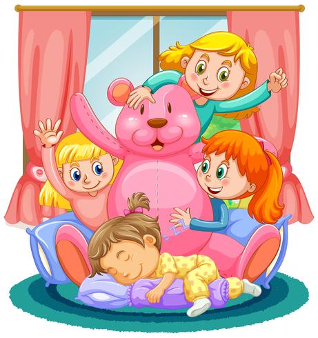 Quattro ragazze che giocano con l&#39;orso rosa vettore