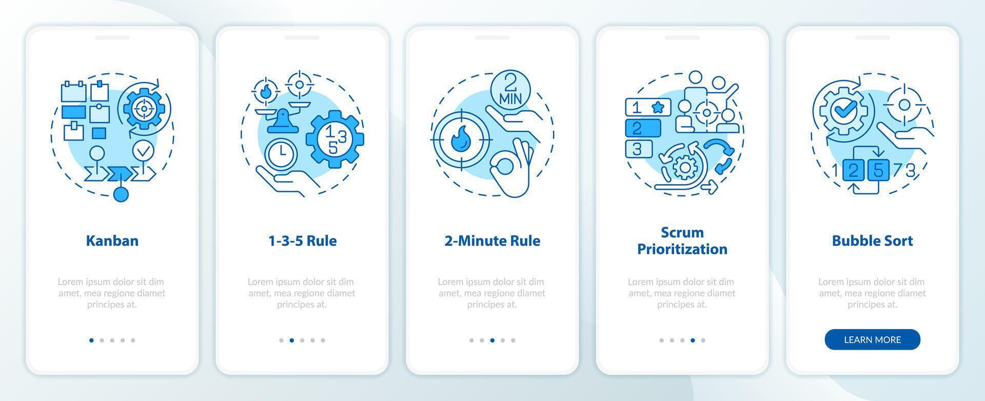 prioritizzazione utensili blu onboarding mobile App schermo. Procedura dettagliata 5 passaggi modificabile grafico Istruzioni con lineare concetti. ui, ux, gui modello vettore