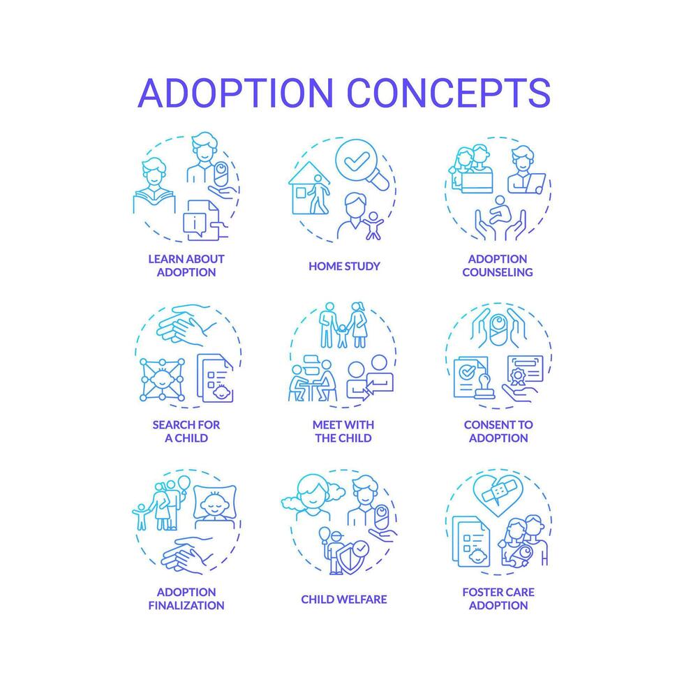 adozione blu pendenza concetto icone. legale processi passi. diventare genitori. Come per adottare bambino. genitoriale giusto trasferimento. icona pacchetto. vettore immagini. il giro forma illustrazioni. astratto idea