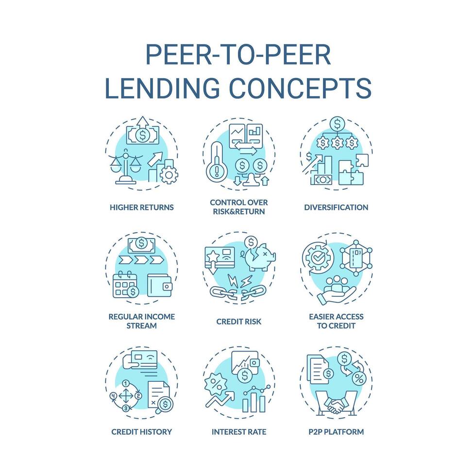 peer to peer prestito morbido blu concetto icone. prestiti e prestito i soldi. investimento. collegamento mutuatari con investitori. icona pacchetto. vettore immagini. il giro forma illustrazioni. astratto idea