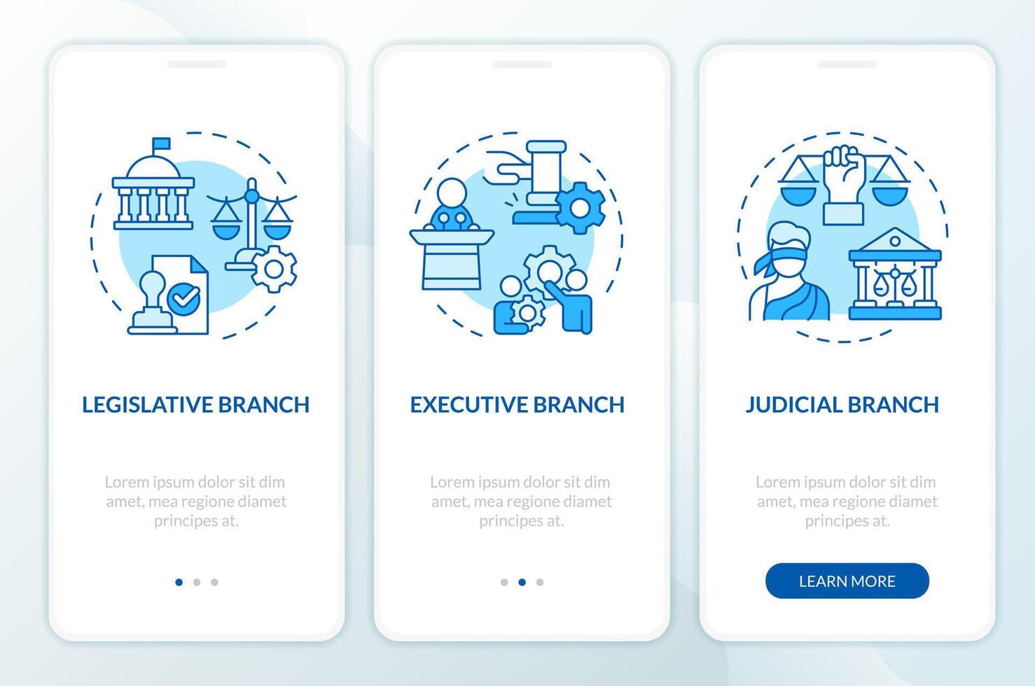 rami di governo blu onboarding mobile App schermo. Procedura dettagliata 3 passaggi modificabile grafico Istruzioni con lineare concetti. ui, ux, gui modello vettore