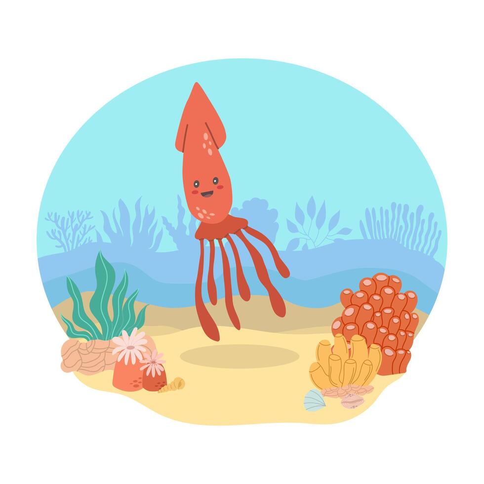 rosso calamaro mare animale contro il fondale di un' mare o oceano paesaggio. vettore illustrazione