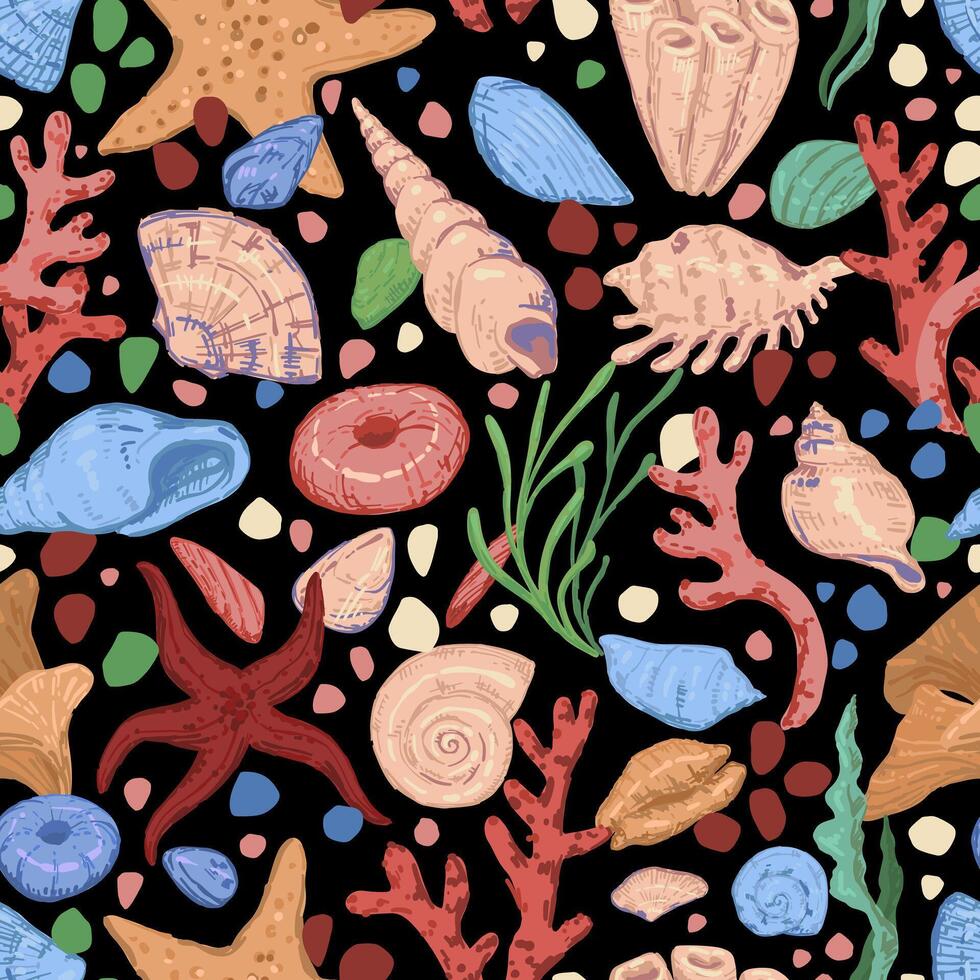 stelle marine, conchiglie, pietre, alga marina, corallo, mare ornamento. astratto vettore senza soluzione di continuità modello di subacqueo vita.