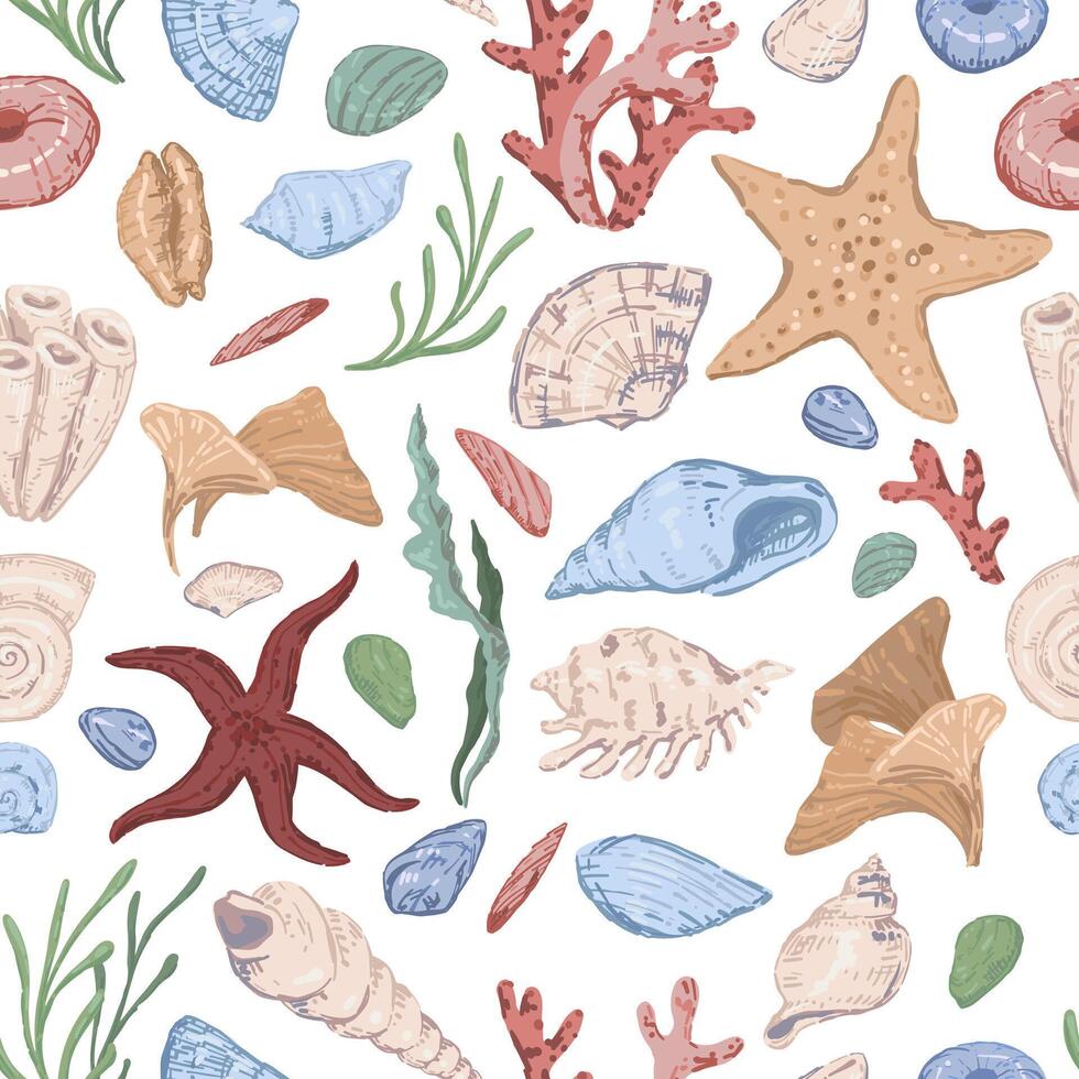 stelle marine, conchiglie, pietre, alga marina, corallo, mare ornamento. astratto vettore senza soluzione di continuità modello di subacqueo vita.