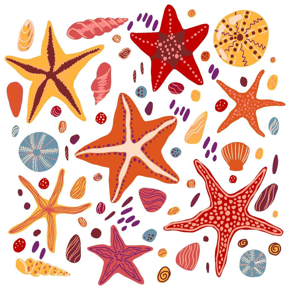 stelle marine, conchiglie e pietre piatto mano disegnato vettore illustrazioni. colorato collezione nel scandinavo stile. estate mare semplice elementi impostato per disegno, Stampa, avvolgere, arredamento, carta, etichetta.