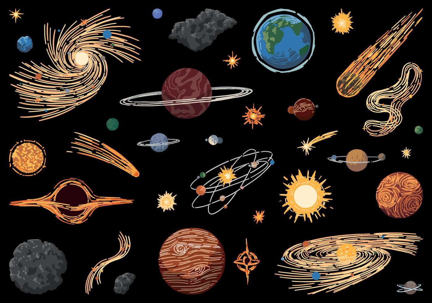 cosmico spazio scarabocchi impostare. cartone animato disegni di pianeti, stelle, comete, asteroidi, galassie. astronomia fenomeno schizzi. mano disegnato vettore illustrazione isolato su nero.