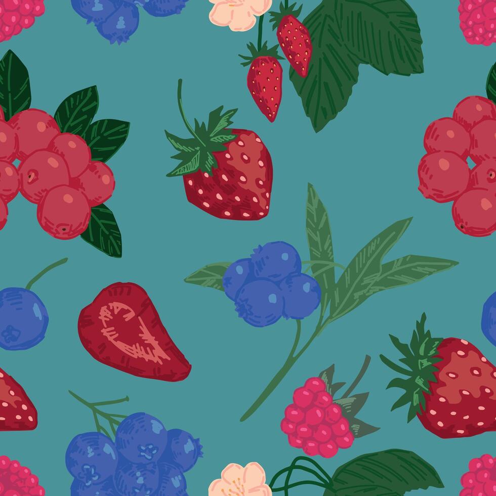 senza soluzione di continuità modello di diverso frutti di bosco. estate frutta bacca ornamento. cartone animato piatto vettore illustrazione. fresco astratto design.