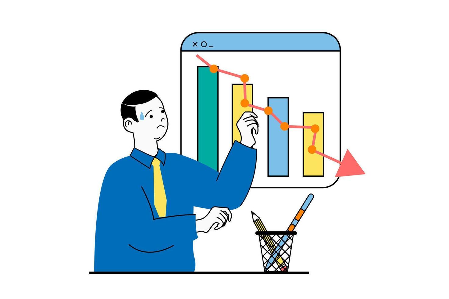 crisi gestione concetto con persone scena nel piatto ragnatela design. uomo monitoraggio investimenti e finanziario diagrammi con negativo tendenza. vettore illustrazione per sociale media striscione, marketing Materiale.