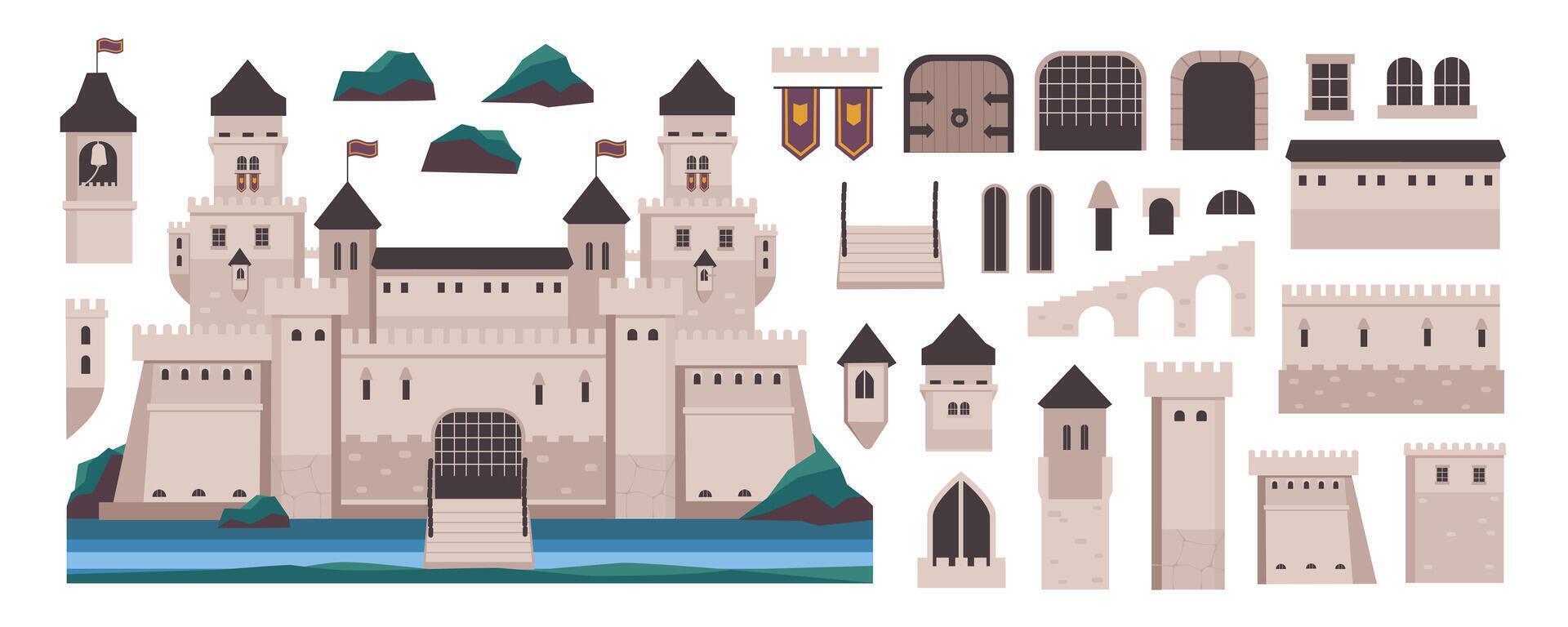 medievale castello elementi costruttore mega impostato nel piatto grafico design. Creatore kit con antico regno palazzo esterno, cancelli, torri, porte, finestre, bandiere e archi, Altro. vettore illustrazione.