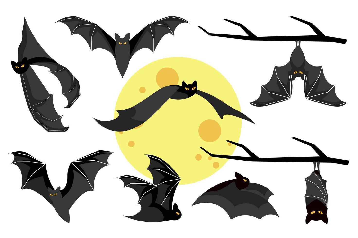 carino spaventoso pipistrelli mega impostato elementi nel piatto design. fascio di volante di Luna o sospeso su ramo Halloween personaggi con diverso tipi di ala pose. vettore illustrazione isolato grafico oggetti