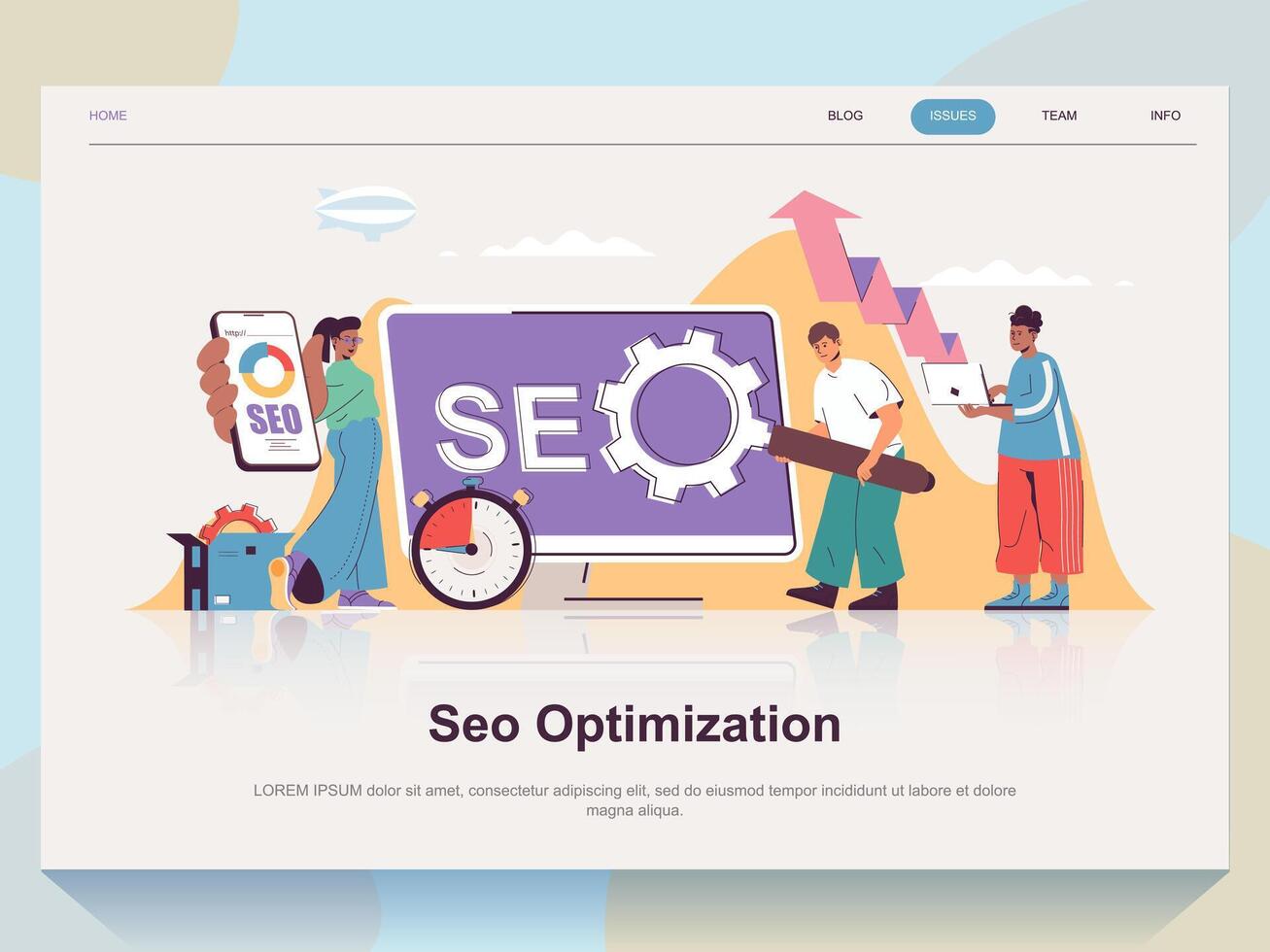 SEO ottimizzazione ragnatela concetto per atterraggio pagina nel piatto design. uomo e donna fabbricazione analitica ricerca e ottimizza classifica e luogo traffico. vettore illustrazione con persone scena per sito web homepage