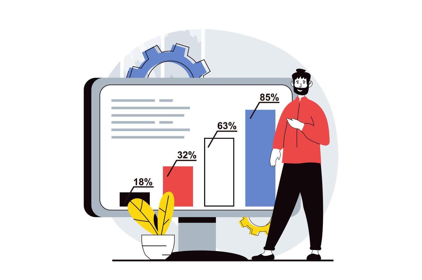 dati analisi concetto con persone scena nel piatto design per ragnatela. uomo Lavorando con bar grafici, monitoraggio risultati e contabilità reddito. vettore illustrazione per sociale media striscione, marketing Materiale.