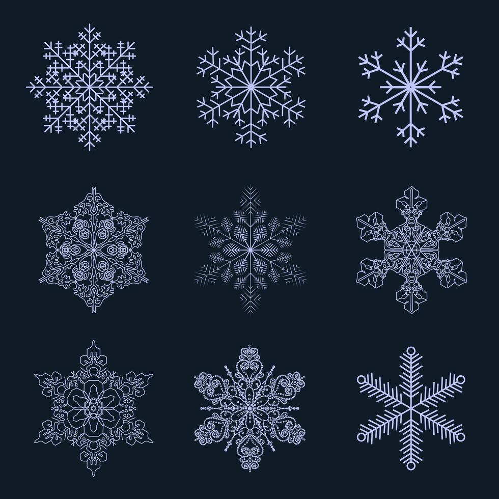 i fiocchi di neve mega impostato elementi nel piatto design. fascio di diverso tipi di simmetrico e geometrico ornato neve forme, congelato cristallo magro sagome. vettore illustrazione isolato grafico oggetti