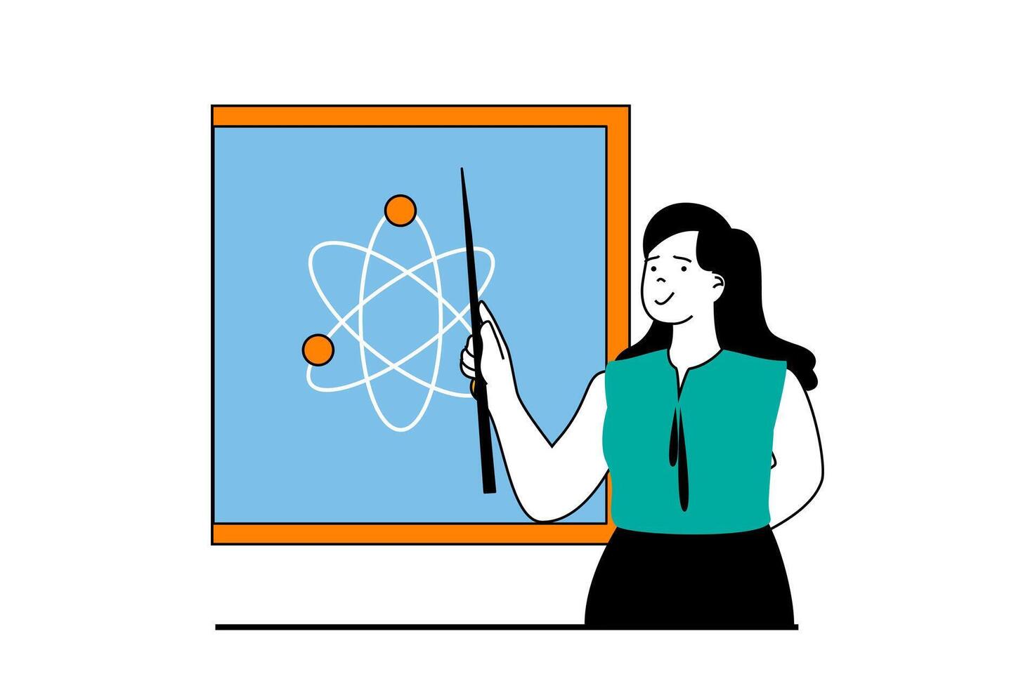 formazione scolastica concetto con persone scena nel piatto ragnatela design. donna Lavorando come insegnante e spiegando fisica di lavagna nel scuola classe. vettore illustrazione per sociale media striscione, marketing Materiale.