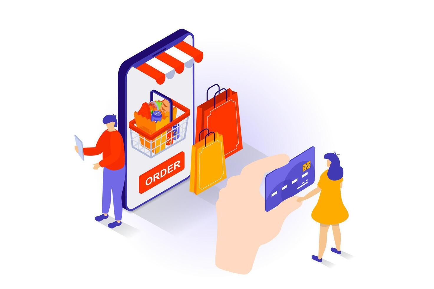 in linea shopping concetto nel 3d isometrico design. persone fabbricazione acquisti di cibo nel drogheria memorizzare mobile applicazione e pagare con credito carta. vettore illustrazione con isometria scena per ragnatela grafico