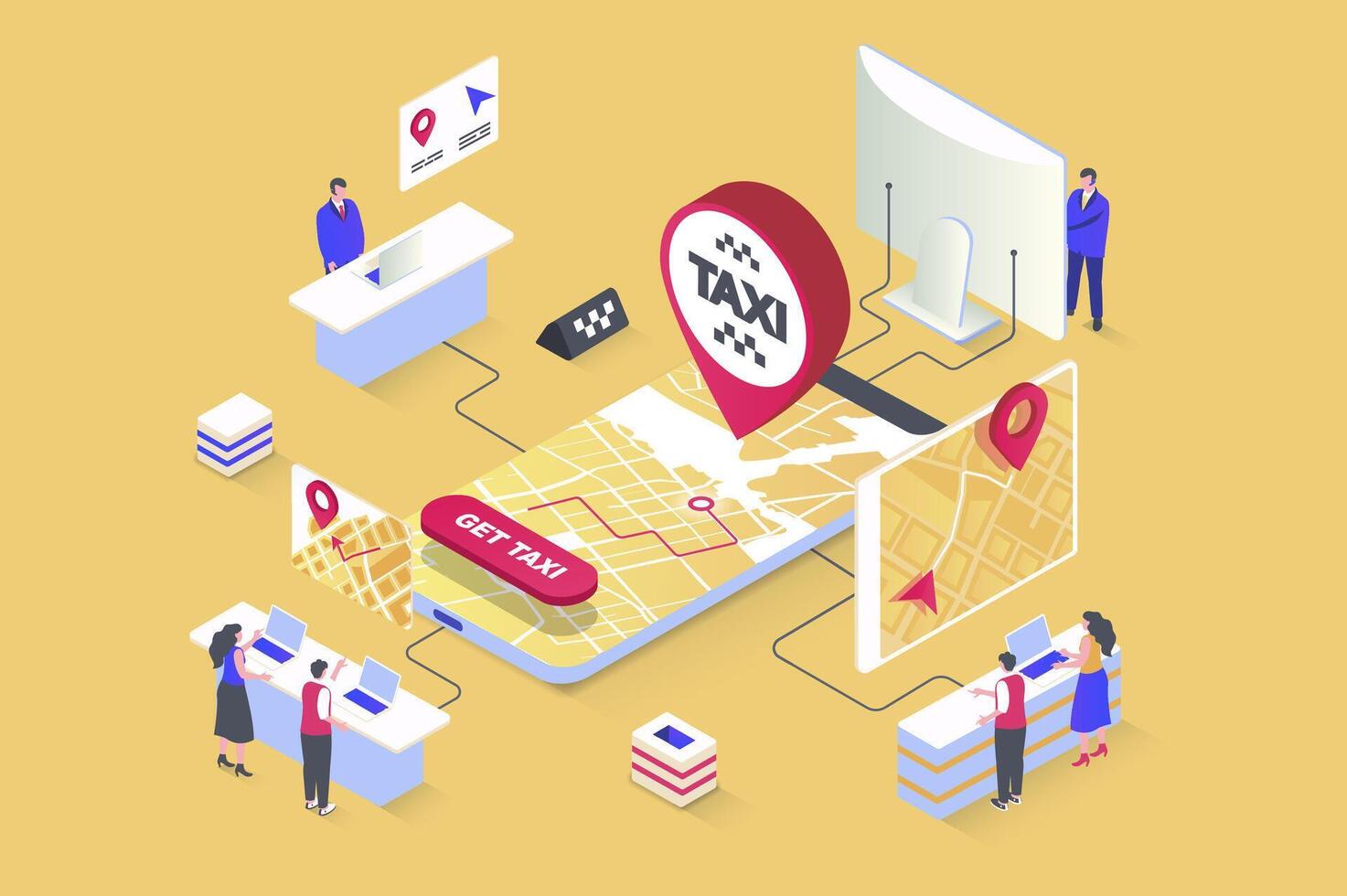 Taxi servizio concetto nel 3d isometrico design. in linea ordinazione macchina, carta geografica navigazione con in linea puntamento nel mobile applicazione schermo. vettore illustrazione con isometria persone scena per ragnatela grafico